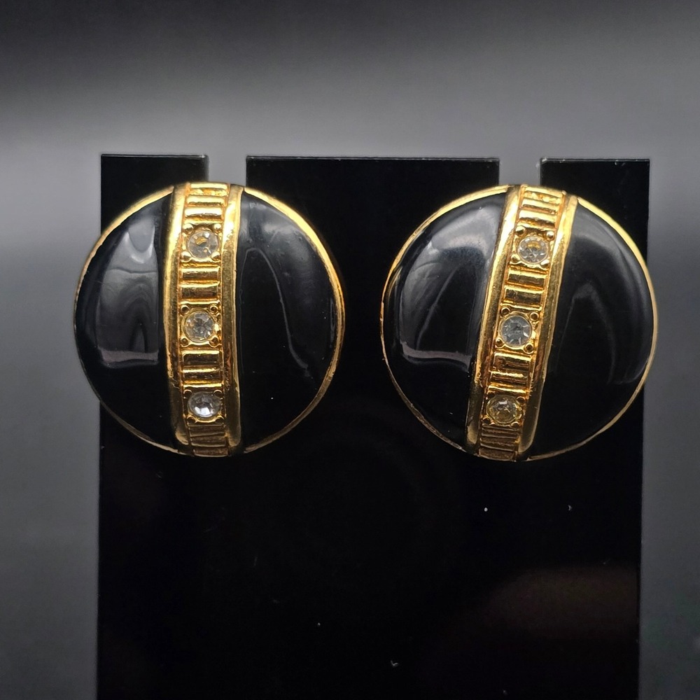 Avon 1988 Dramatic Style Earrings Rhinestone Black Enamel Gold Tone Pierced